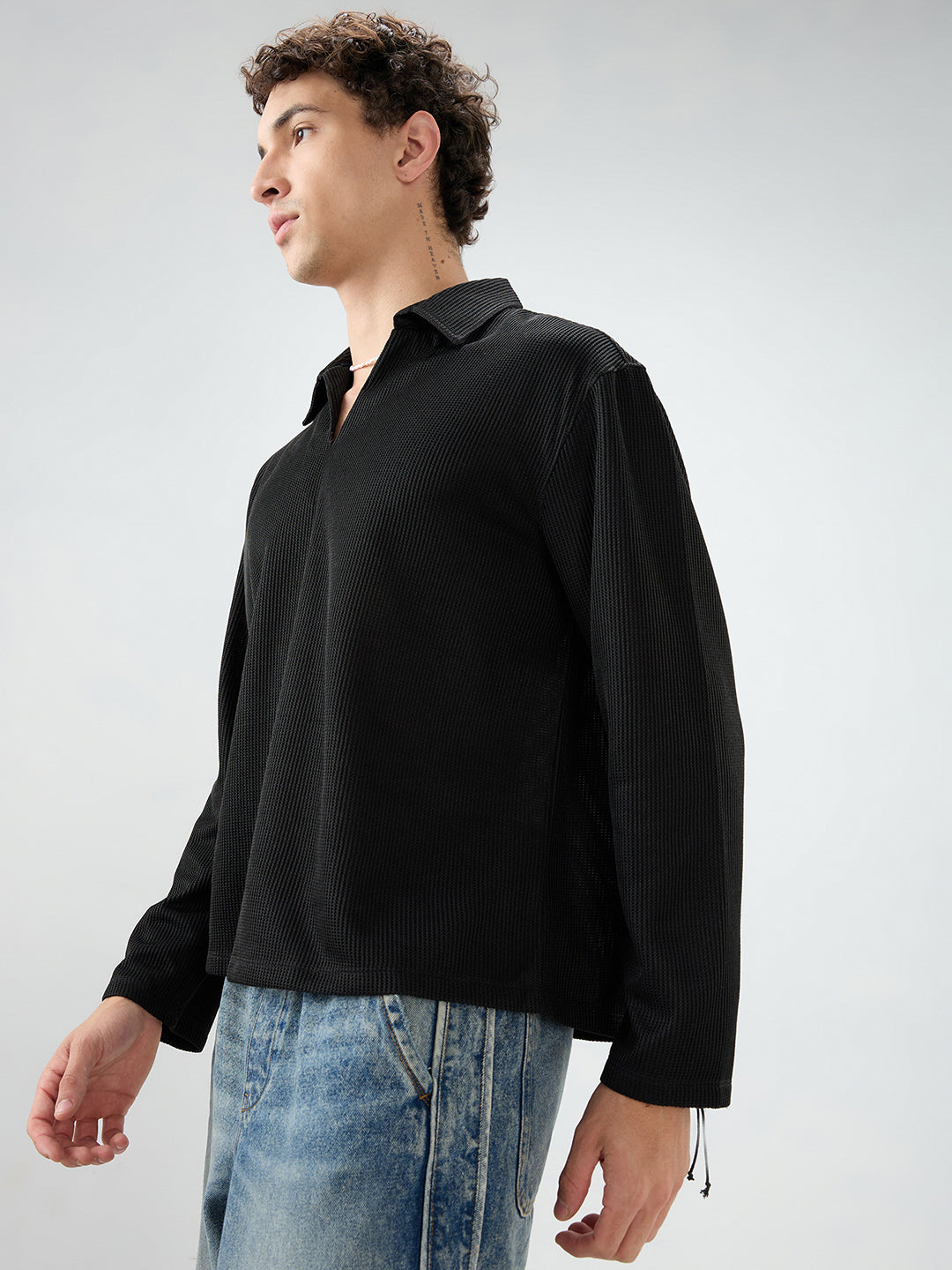 Black Refined Textured Knitted Oversized Polo Shirt