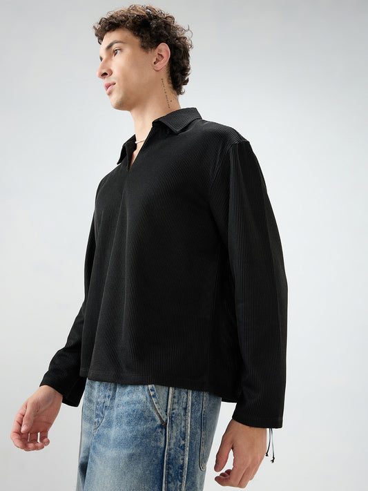 Black Refined Textured Knitted Oversized Polo Shirt