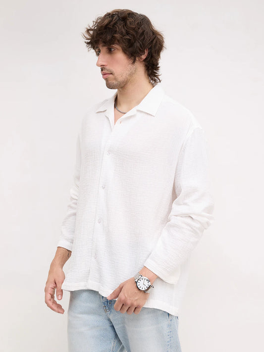 Snow White Double Cloth Notch Collar Oversized Shirt