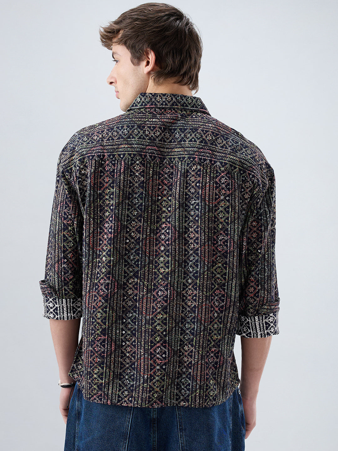 Noor Drop Black Sequin Lozenge Embroidered Boxy Fit Crop Shirt