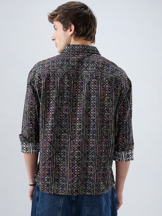 Noor Drop Black Sequin Lozenge Embroidered Boxy Fit Crop Shirt