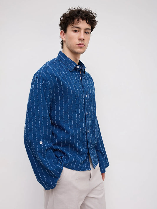 Luxe Denim Fine Textured Cuffless Oversized Crop Shirt