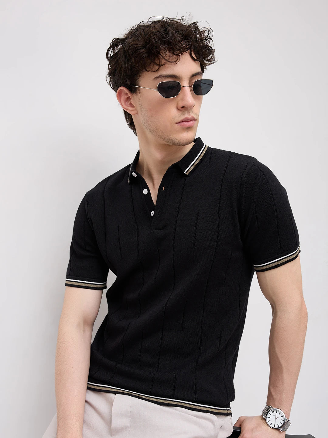 Black Ribline Contrast Polo Knit T-Shirt
