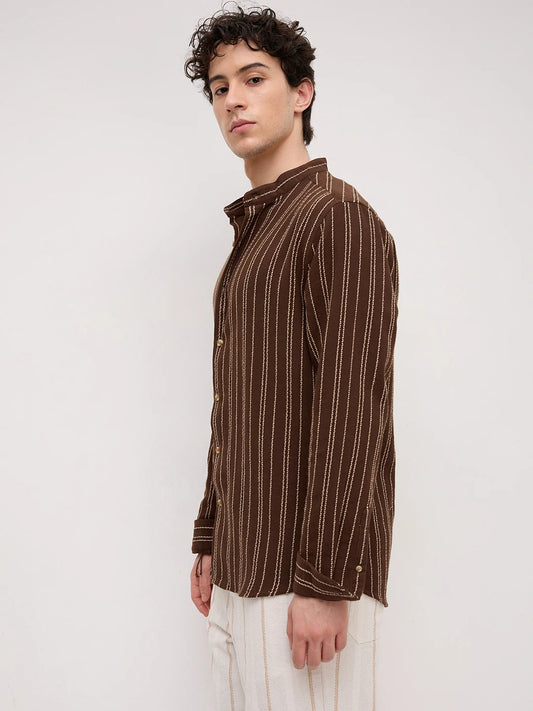 Brown & Beige Embroidered Striped Mandarin Shirt