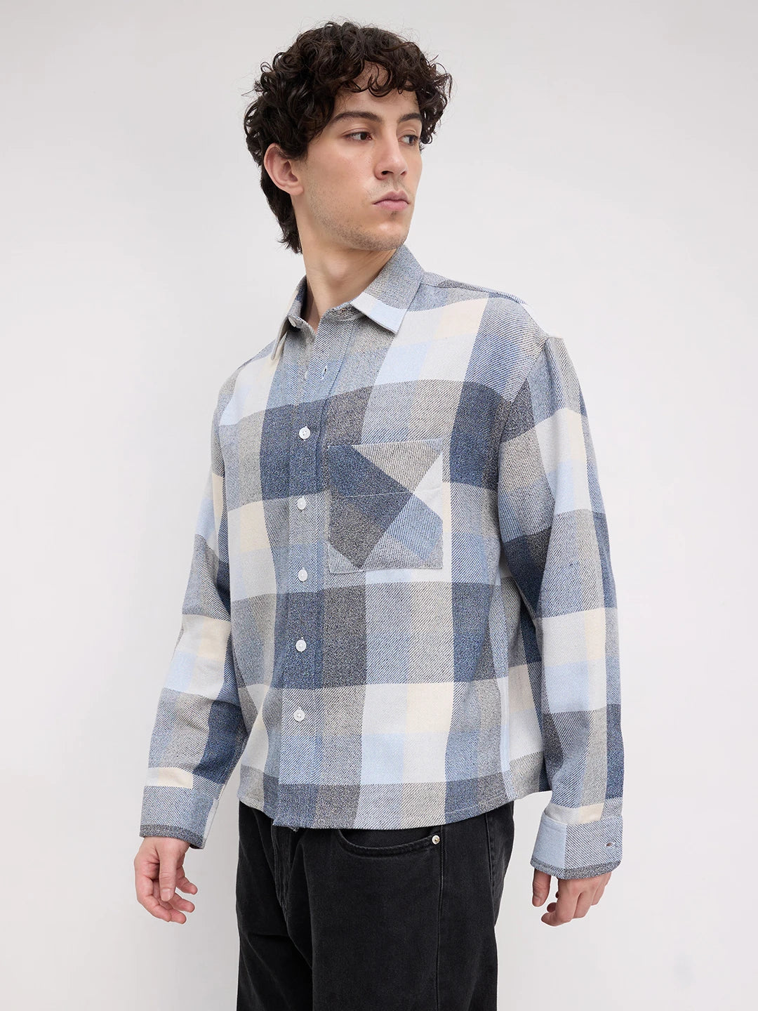Navy & Blue Broad Checks Boxy Fit Flannel Crop Shirt
