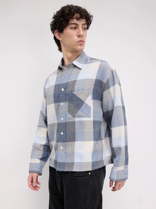 Navy & Blue Broad Checks Boxy Fit Flannel Crop Shirt
