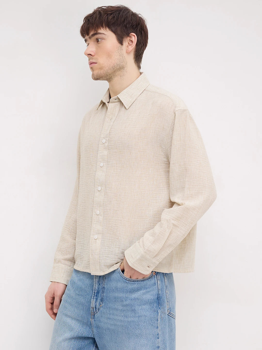 Natural Beige Textured Boxy Fit Crop Shirt