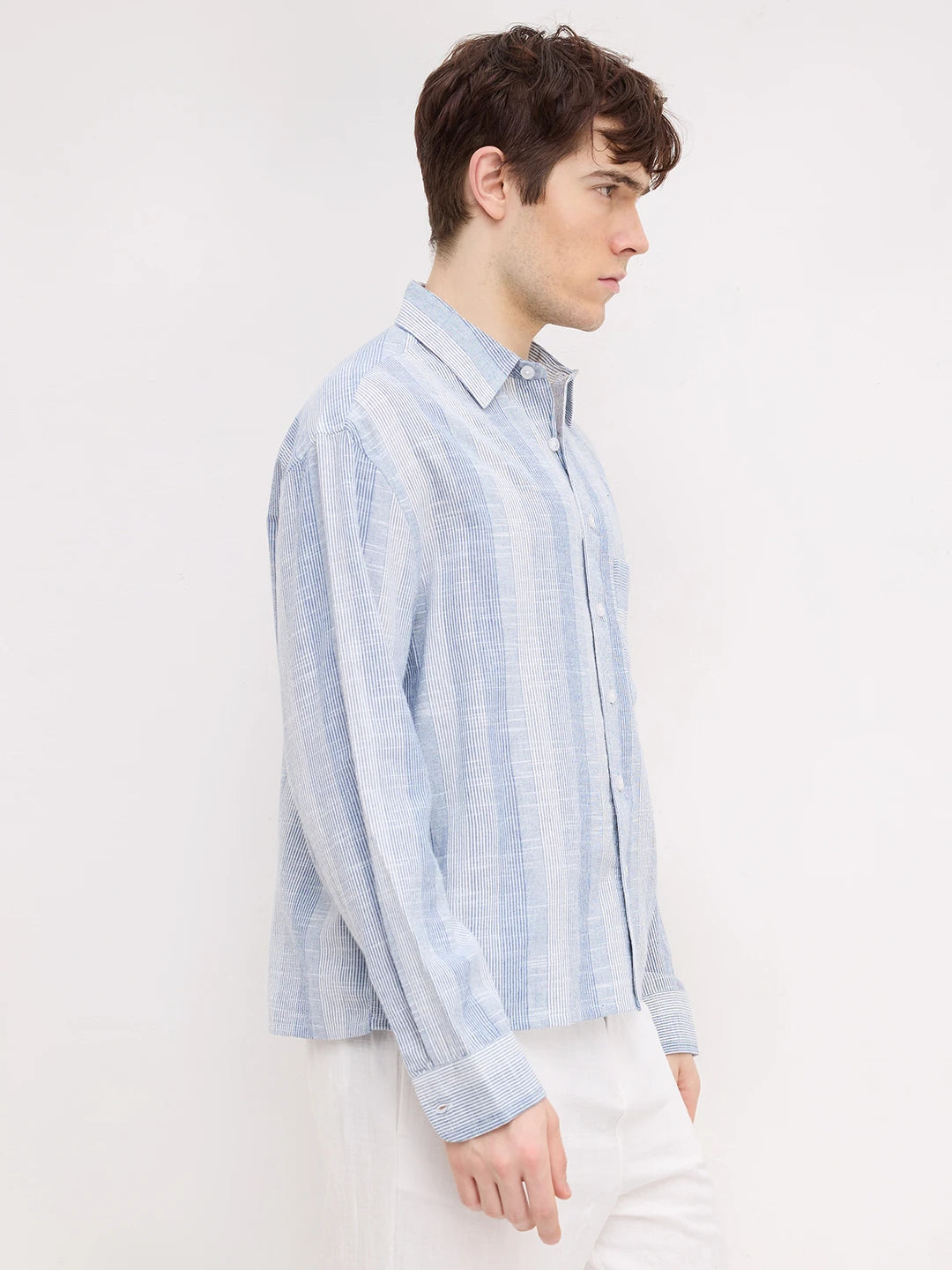 Blue Rhythmic Weave Striped Boxy Fit Crop Shirt