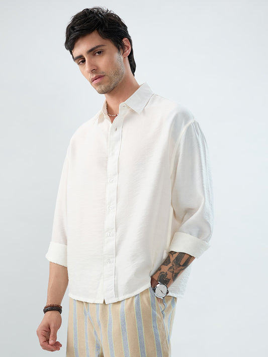 Solid White Crinkled Boxy Fit Crop Shirt