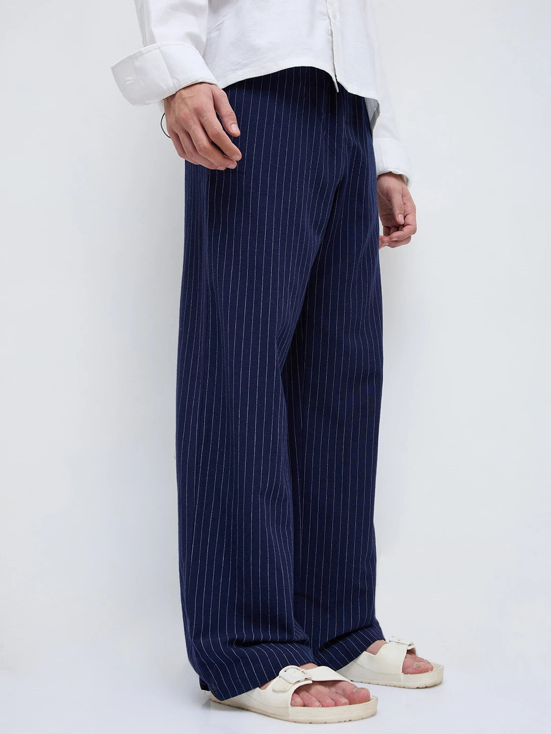 Navy Pinstripe Wide Leg Trousers
