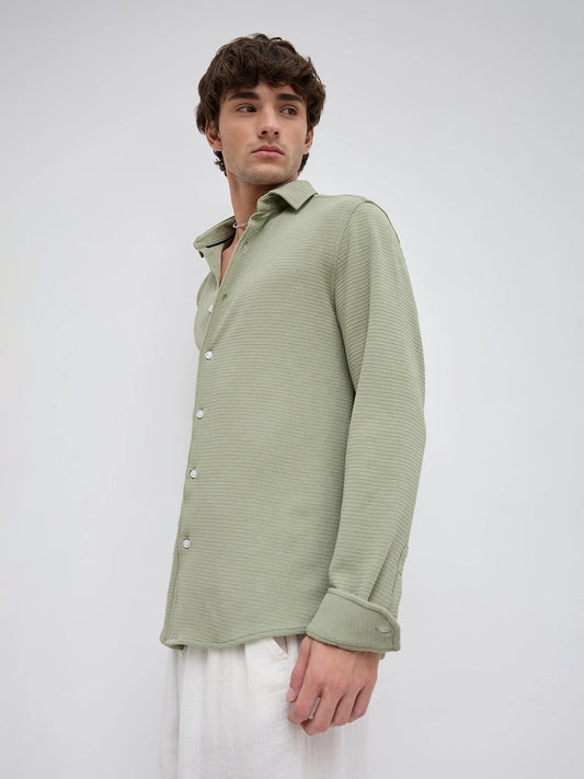 Refined Sage Green Gingham Checks Knitted Shirt