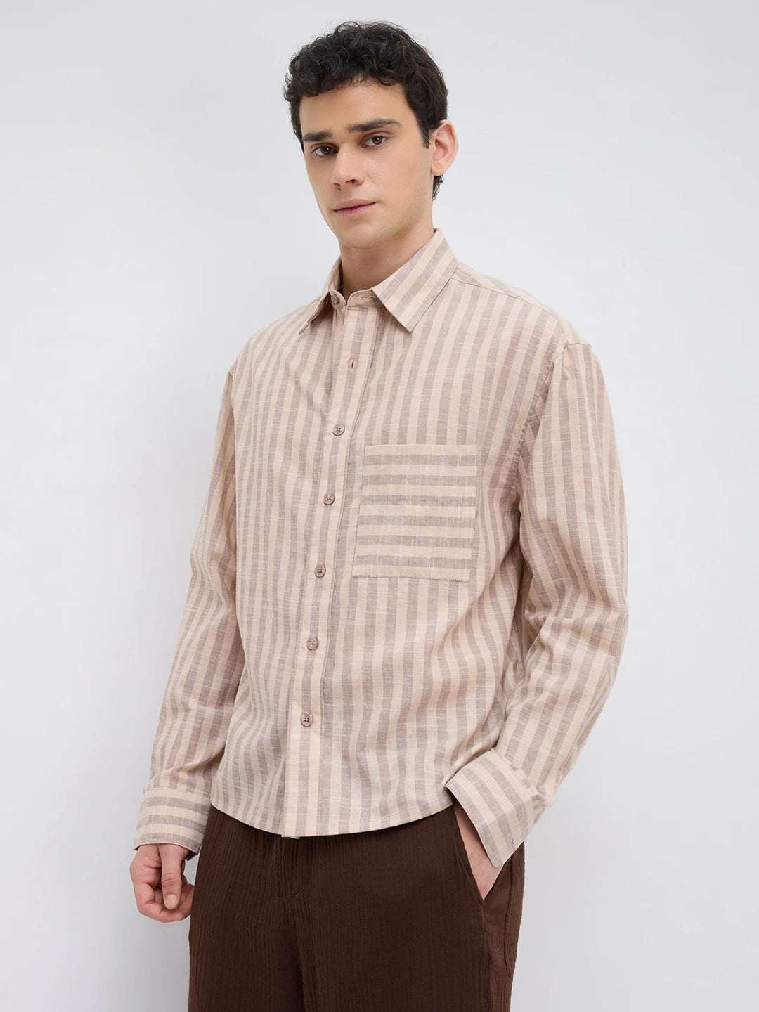 Earthy Brown & Beige Candy Striped Boxy Fit Crop Shirt