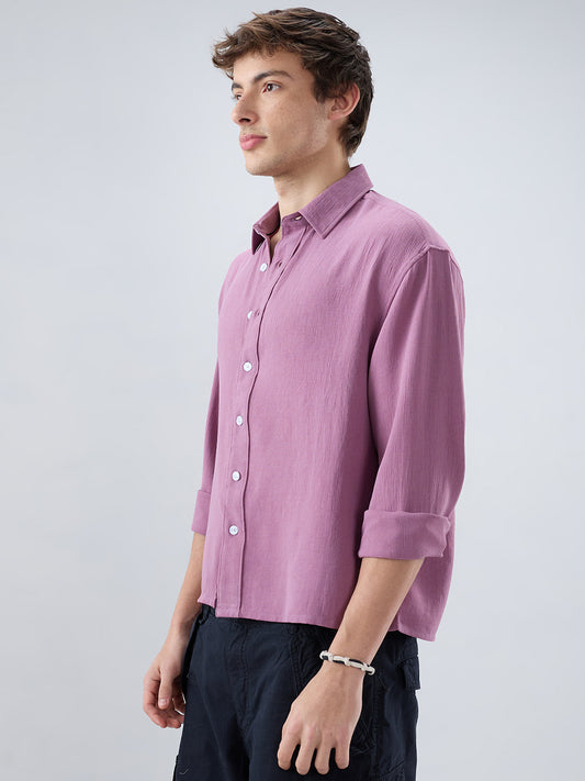 Dust Rose Blush Fine Grid Textured Boxy Fit Crop Shirt