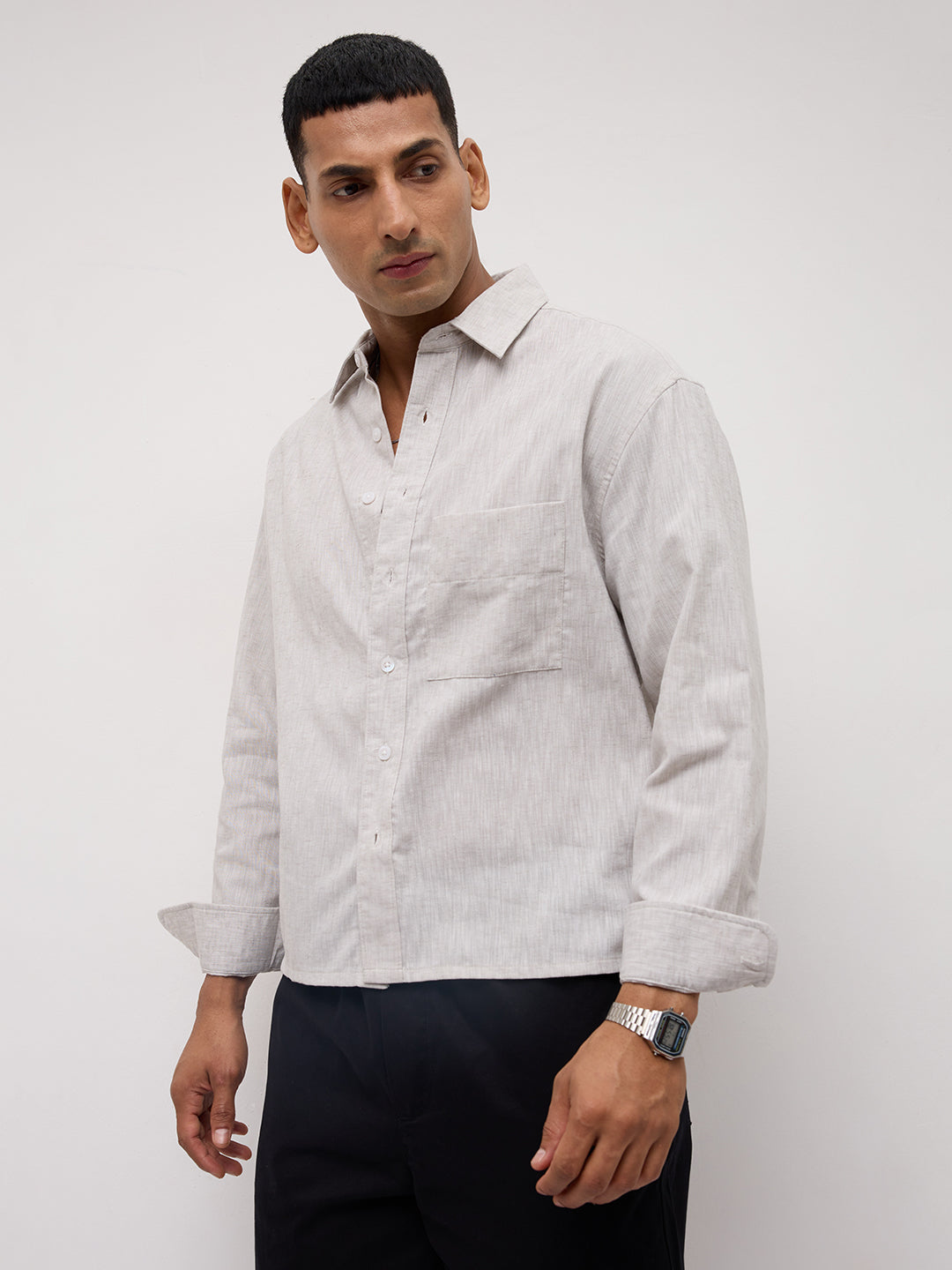 Grey Melange Textured Boxy Fit Crop Shirt