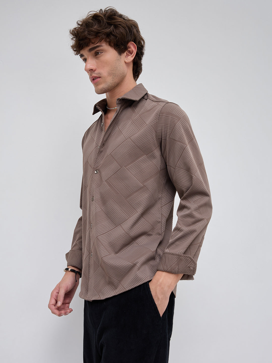 Elegant Brown Block Weave Knitted Shirt