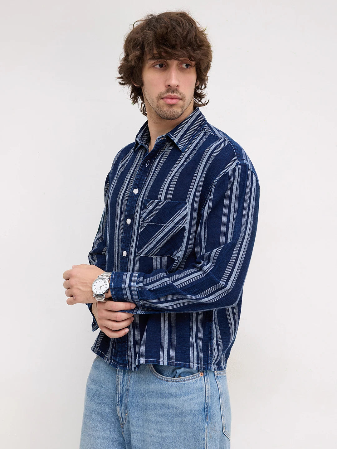 Artisan Midnight Navy Striped Denim Boxy Fit Crop Shirt