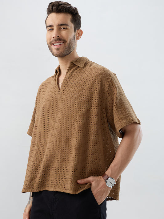 Tawny Brown Crochet Oversized Polo Shirt