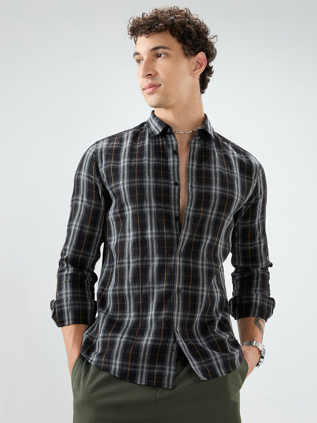 Rich Black Contrast Windowpane Checks Shirt