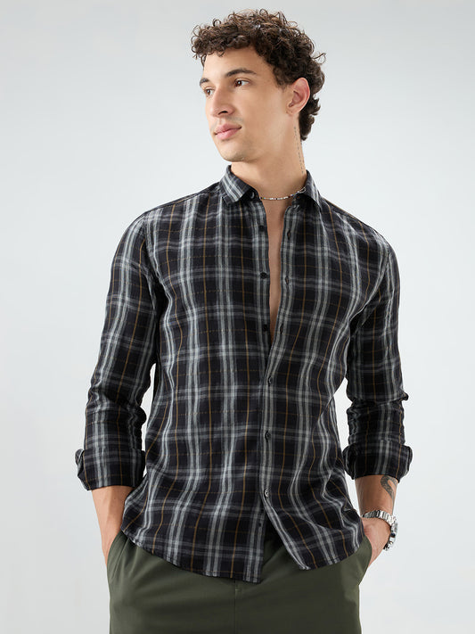 Rich Black Contrast Windowpane Checks Shirt