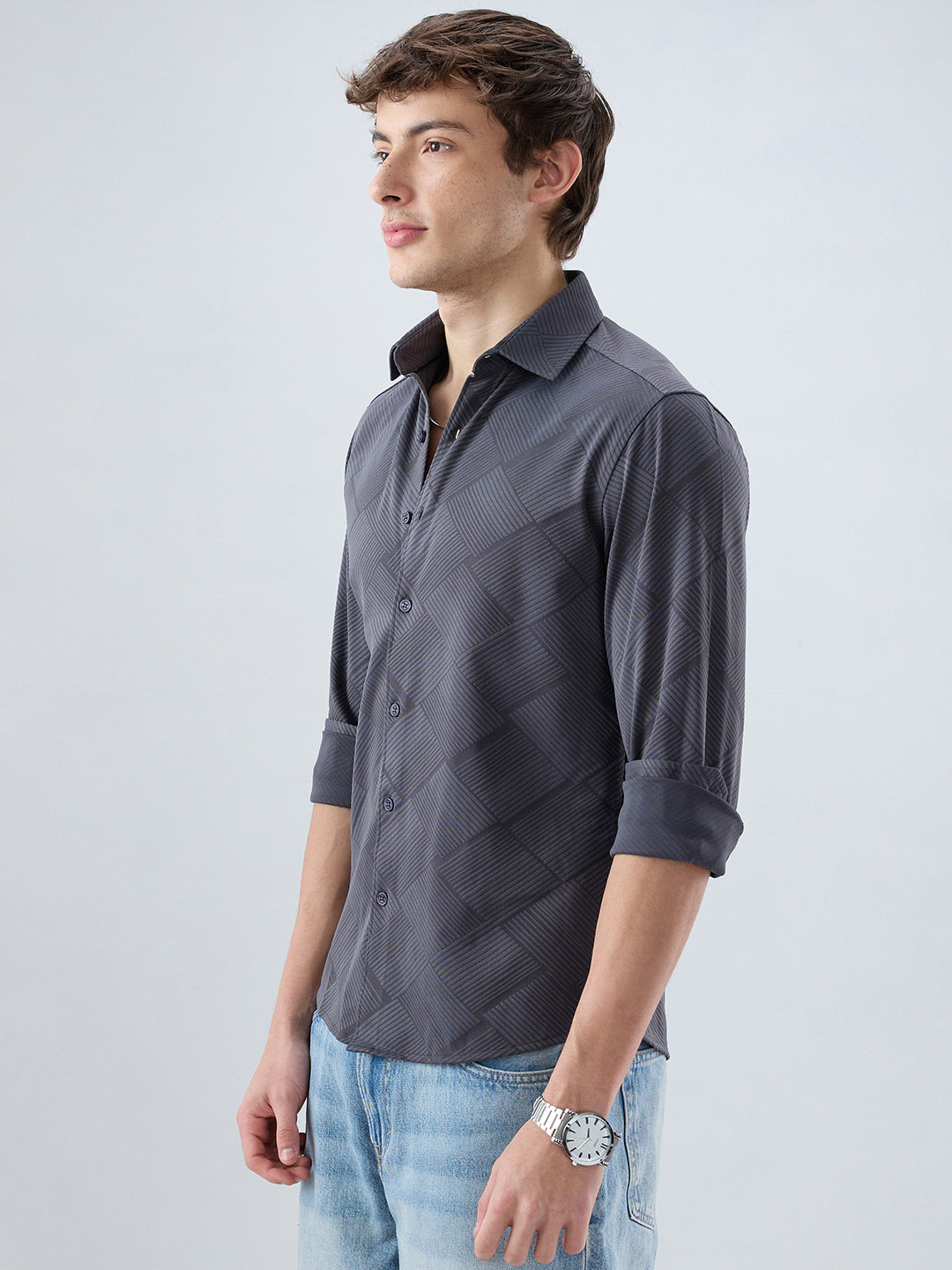 Intricate Grey Block Weave Knitted Shirt