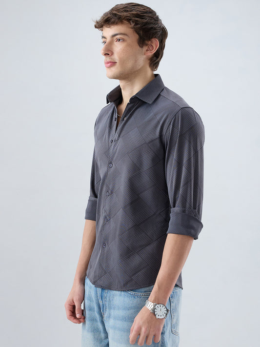 Intricate Grey Block Weave Knitted Shirt