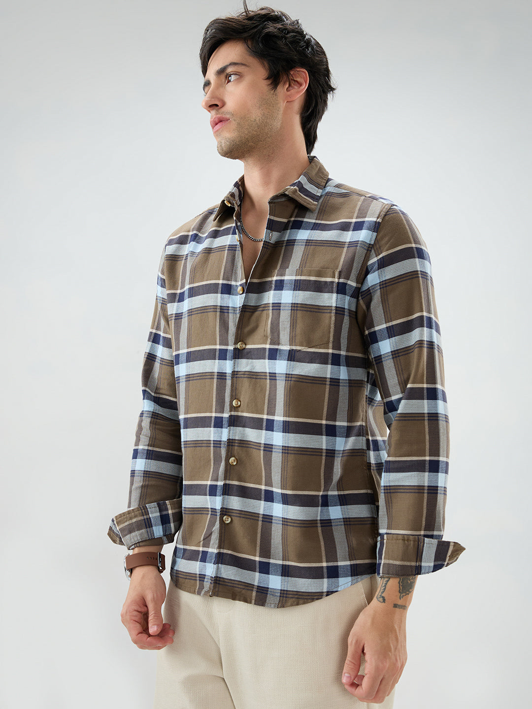 Brown & Navy Tartanique Checked Shirt