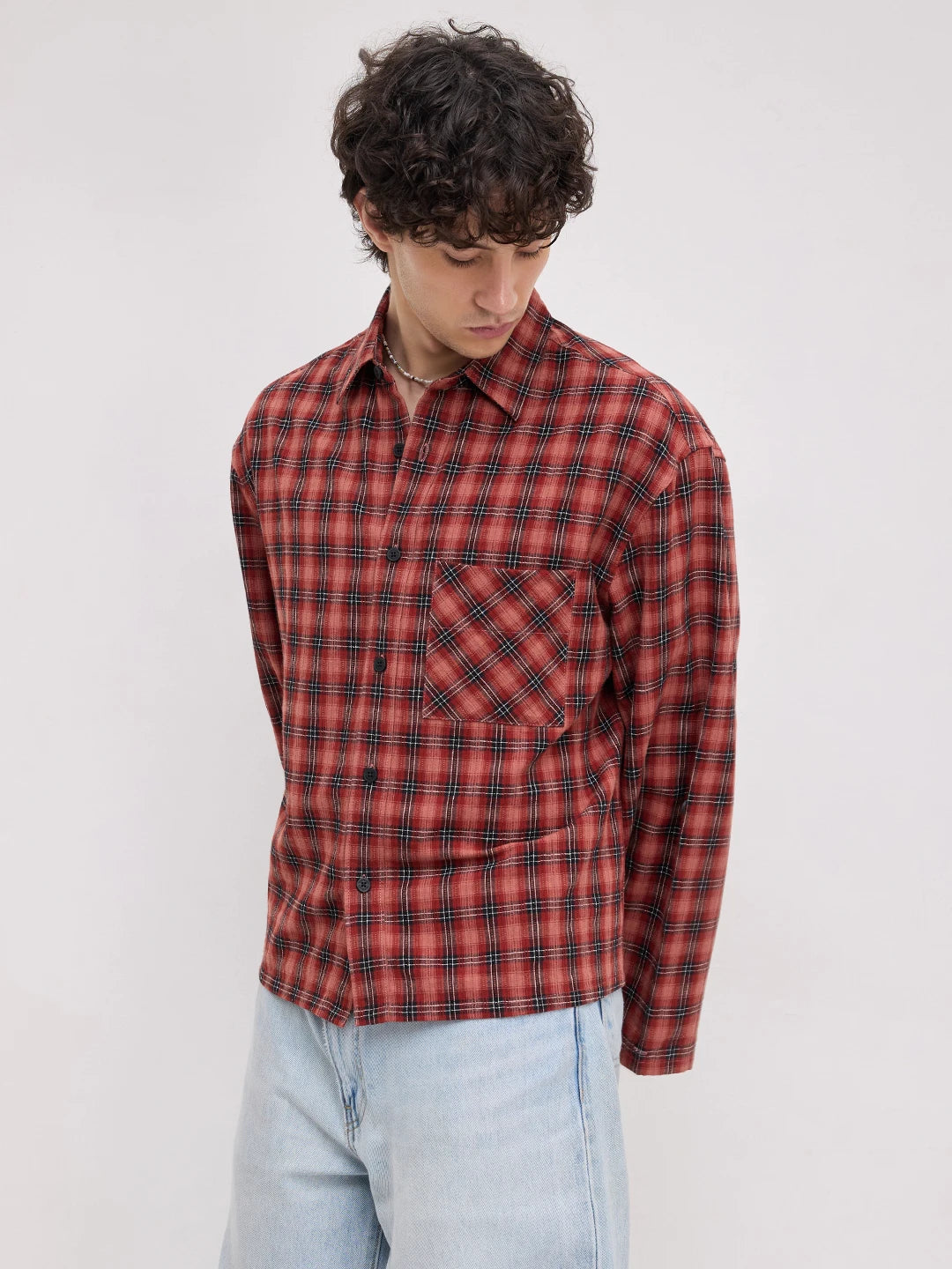 Luxe Rustic Redwood Plaid Edition Cuffless Oversized Crop Shirt