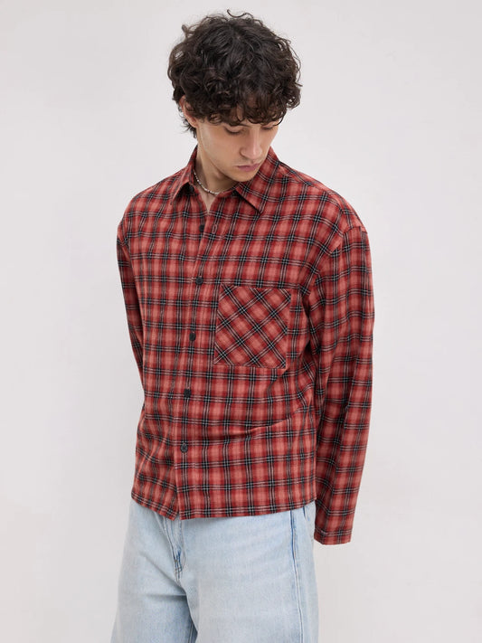 Luxe Rustic Redwood Plaid Edition Cuffless Oversized Crop Shirt