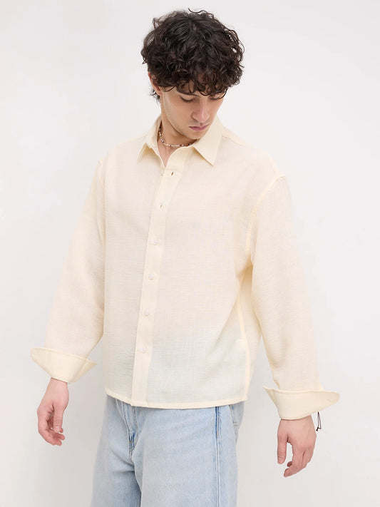 Plush Butter Yellow Sheer Weave Boxy Fit Crop Shirt