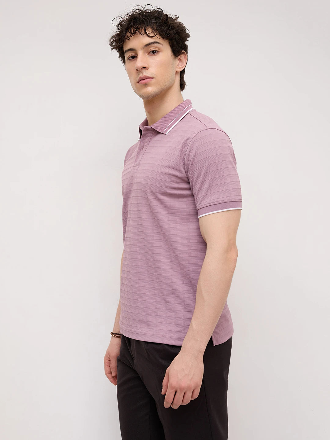 Dusty Lavender Textured Horizontal Stripe Polo Knit T-Shirt