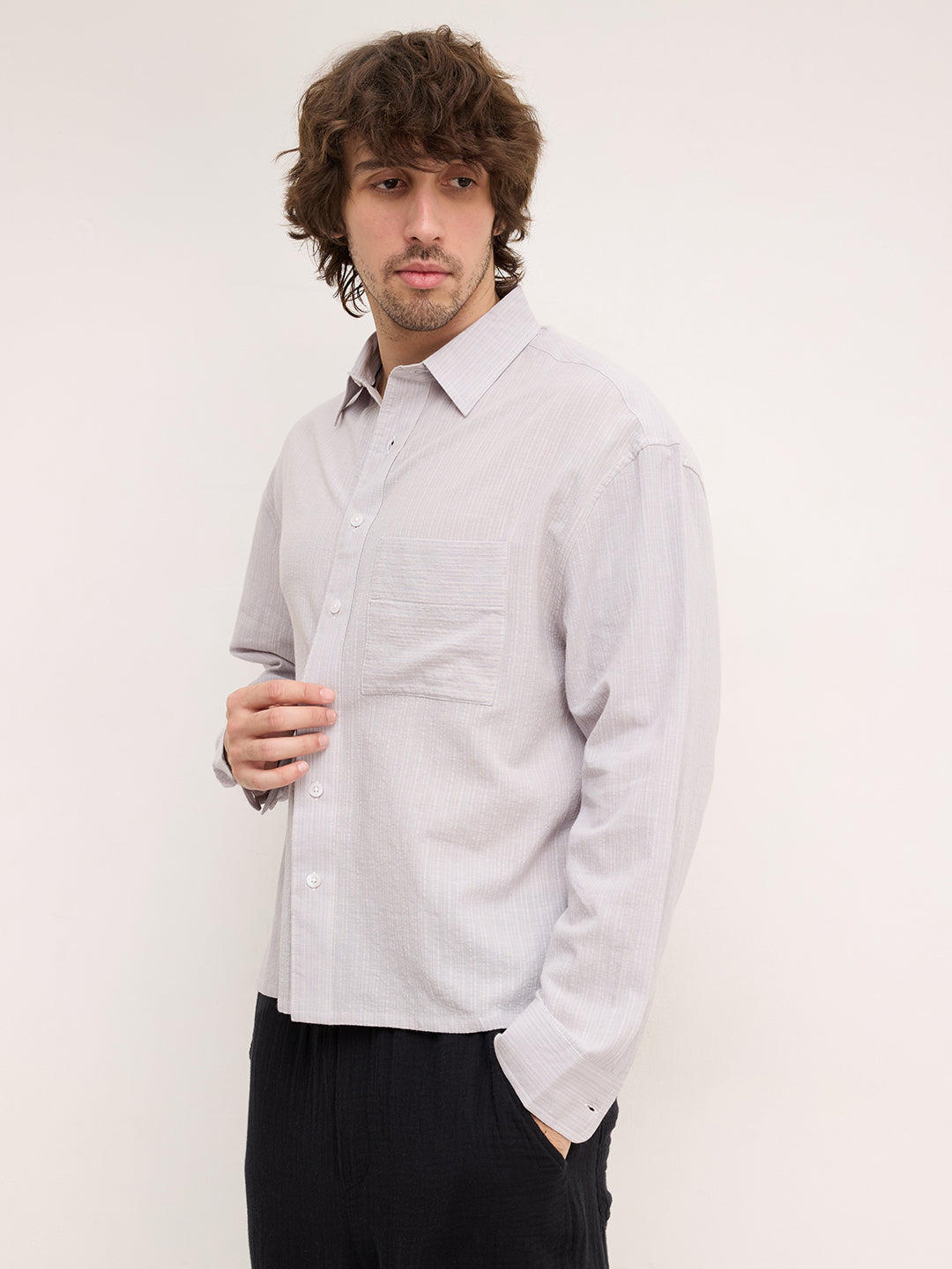 Ash Grey Fine Striped Textured Boxy Fit Crop Shirt