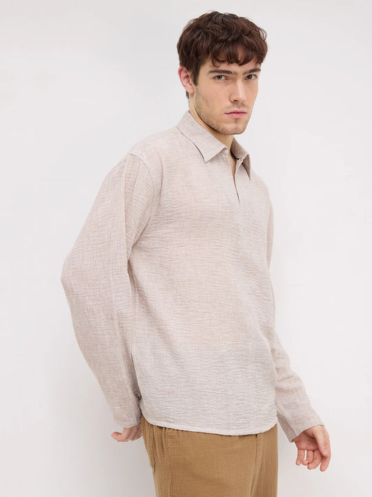 Elegant Sand Beige Textured Oversized Polo Shirt