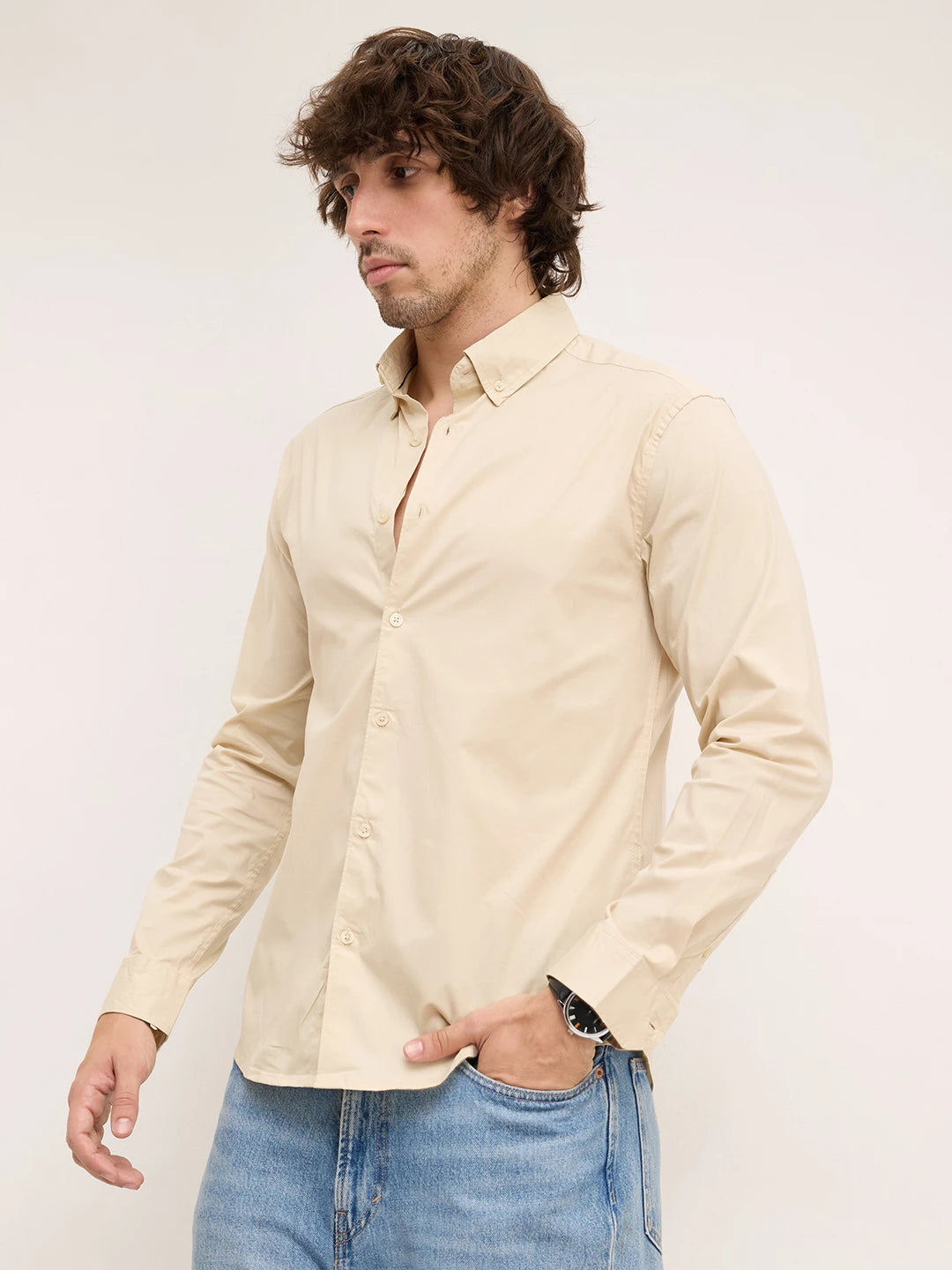 Luxe Beige Lyocell Button-Down Collar Shirt