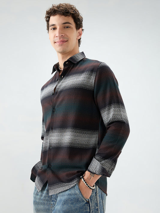Premium Black Contrast Motif Striped Shirt