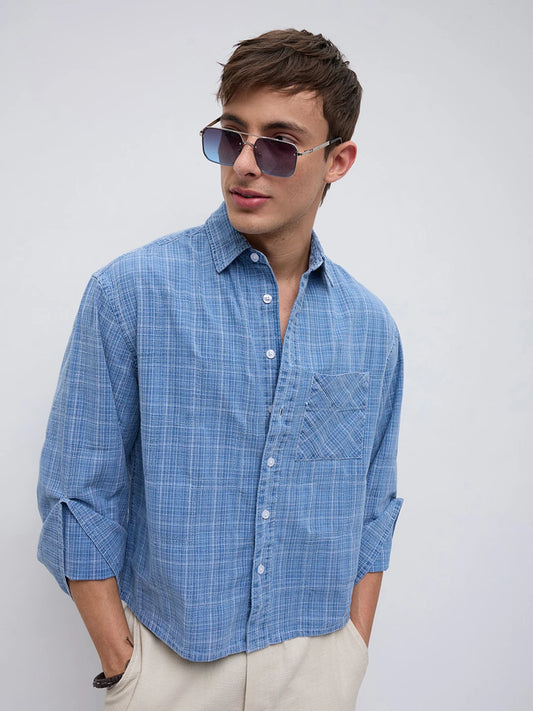 Icy Denim Blue Micro Checks Cuffless Oversized Crop Shirt