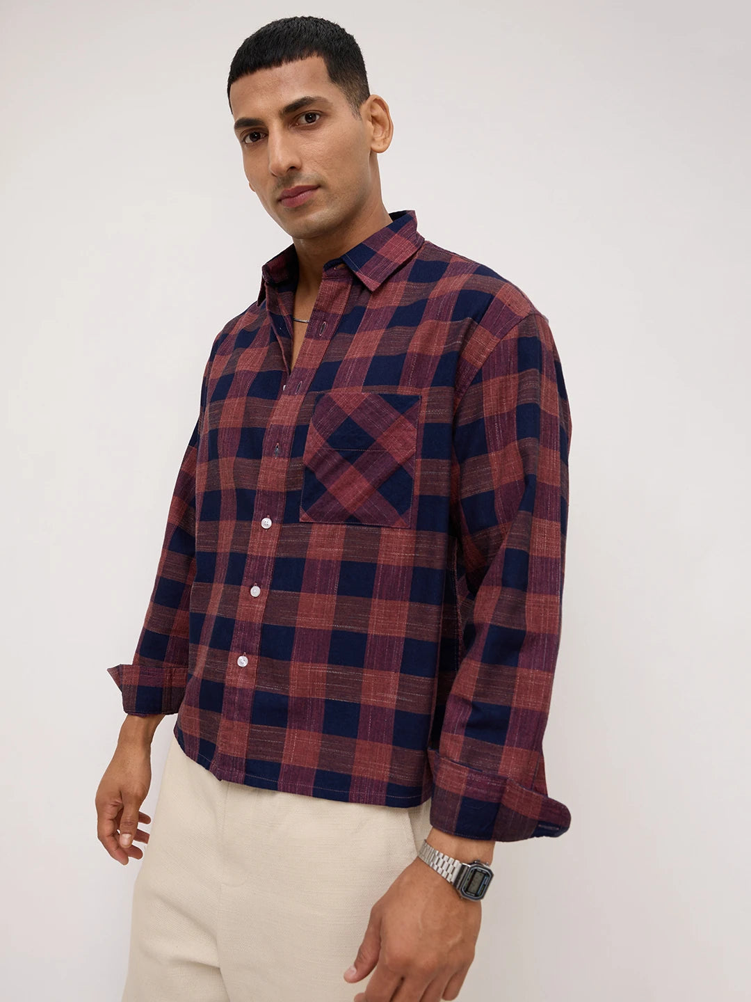 Autumn Navy & Brown Block Checks Boxy Fit Crop Shirt