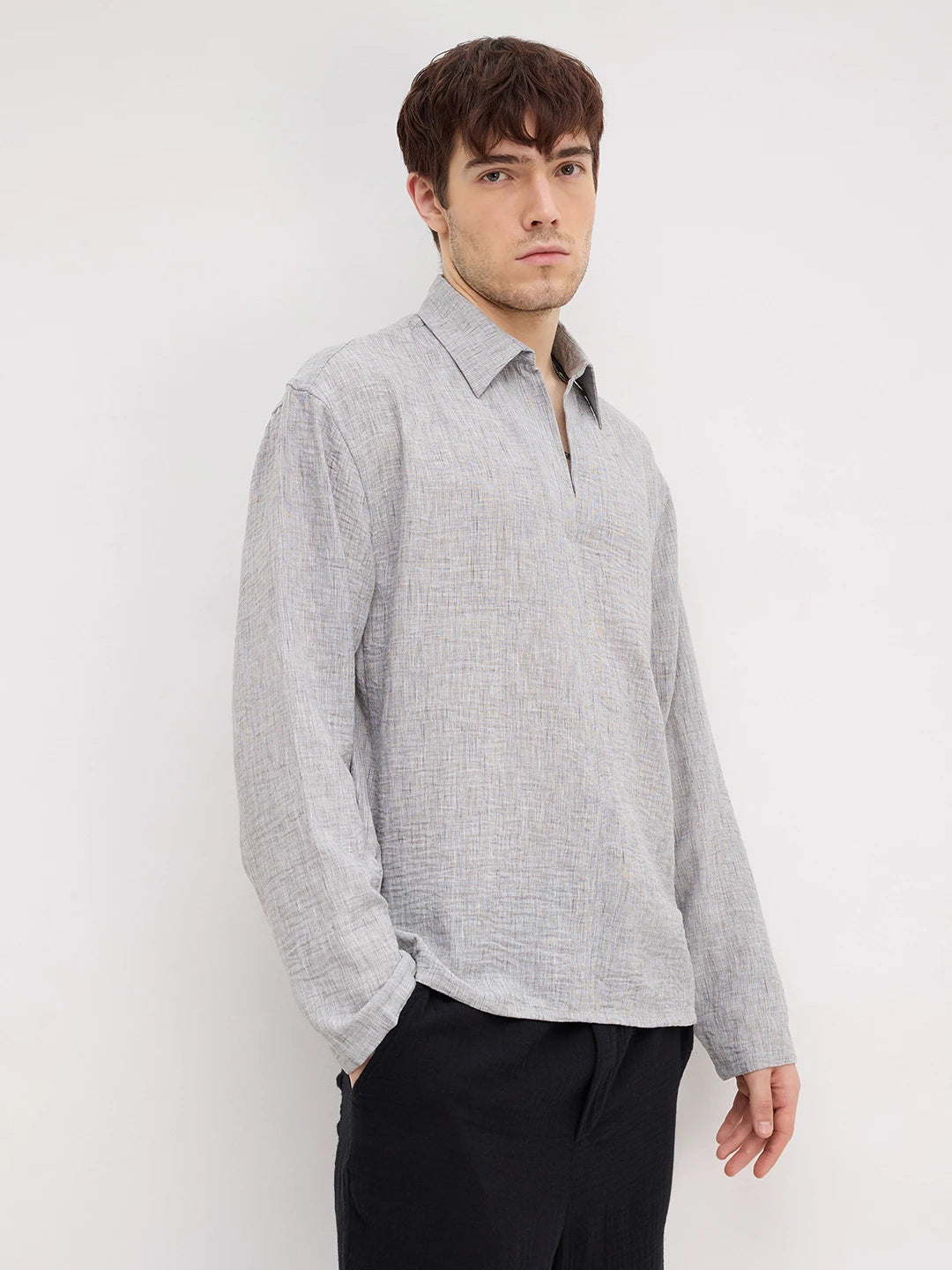 Refined Ash Grey Textured Center Seam Oversized Shirt