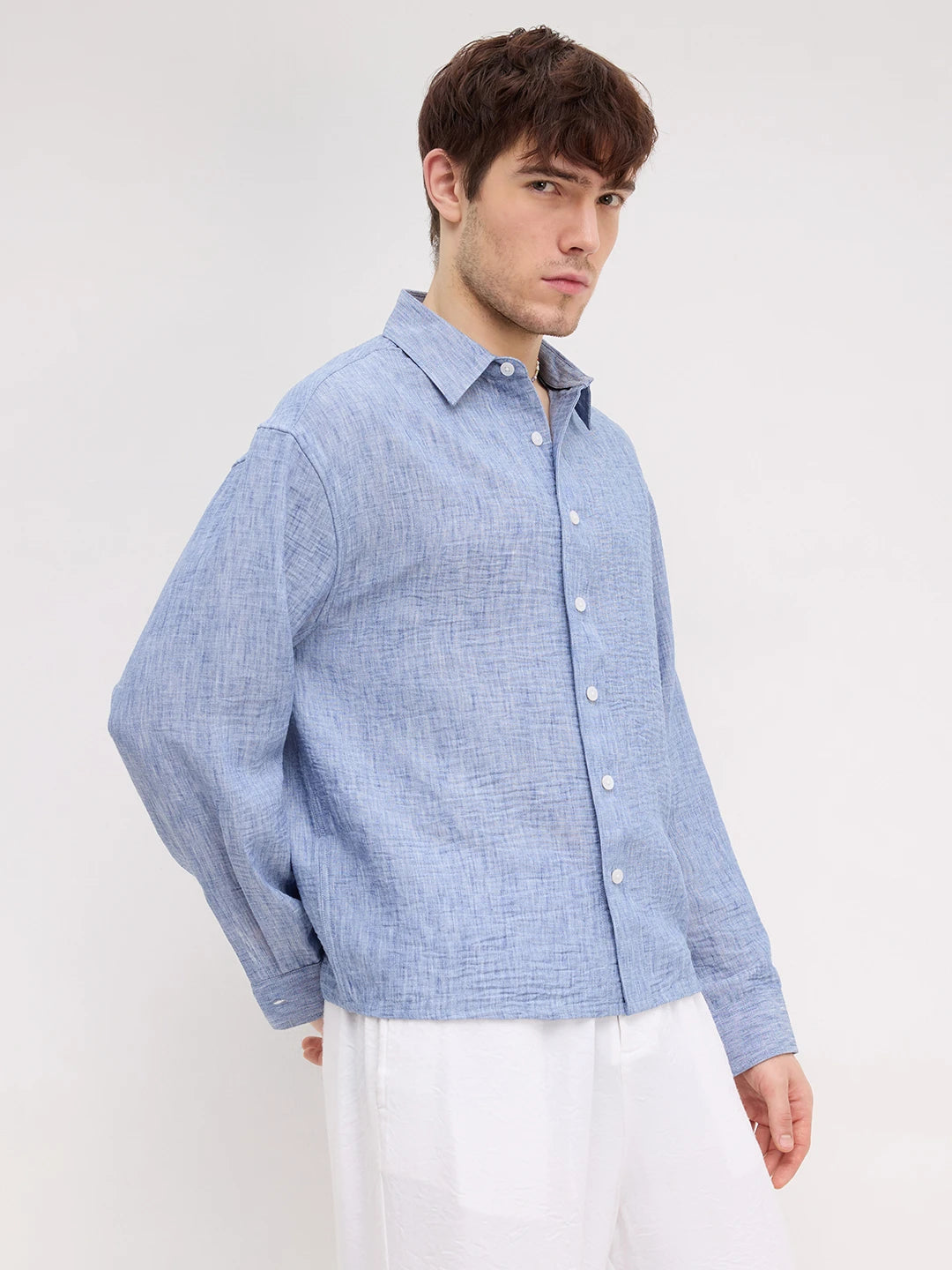 Royal Blue Textured Boxy Fit Crop Shirt