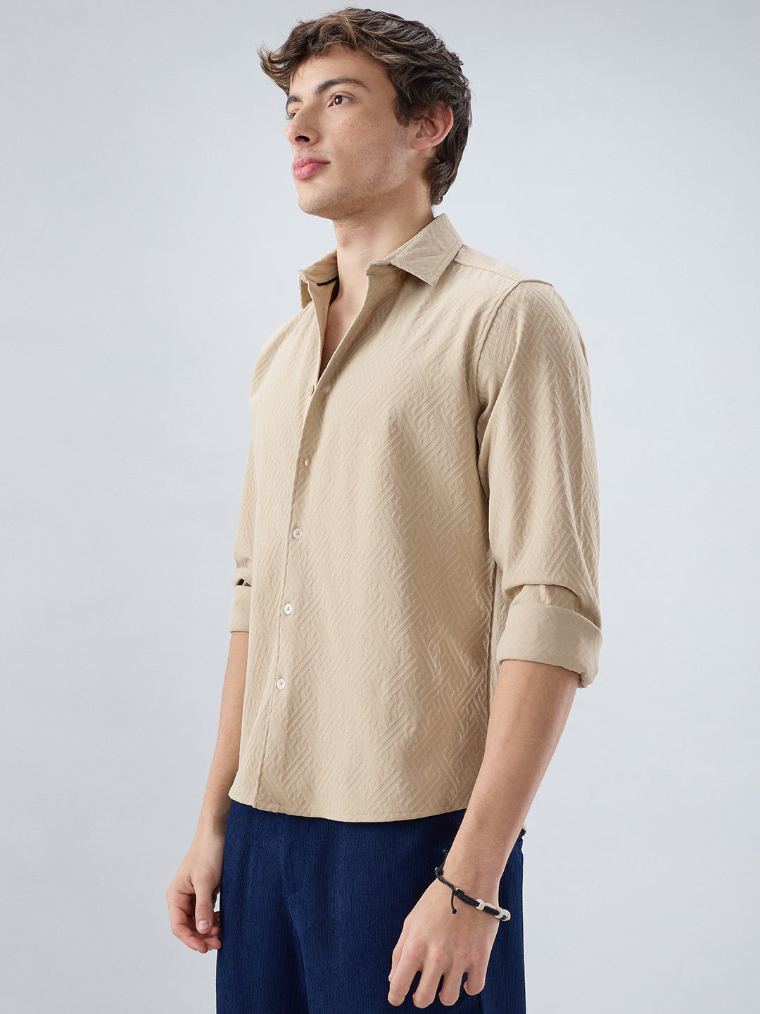 Sand Beige Interlock Maze Weave Knitted Shirt