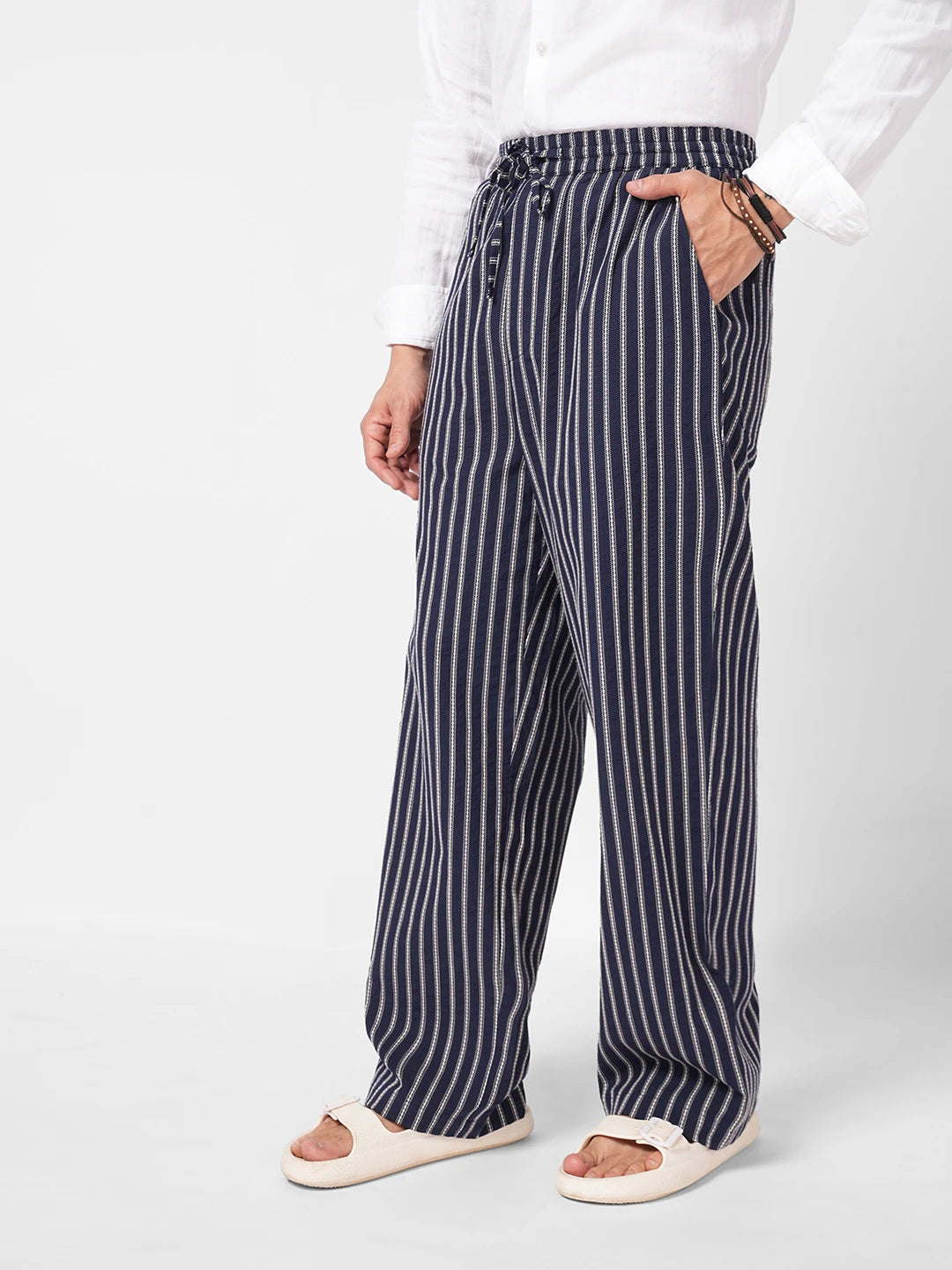 Navy Artisan Fine Embroidered Seersucker Striped Straight Fit Trousers