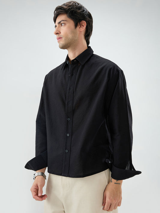 Jet Black Sheer Weave Boxy Fit Crop Shirt