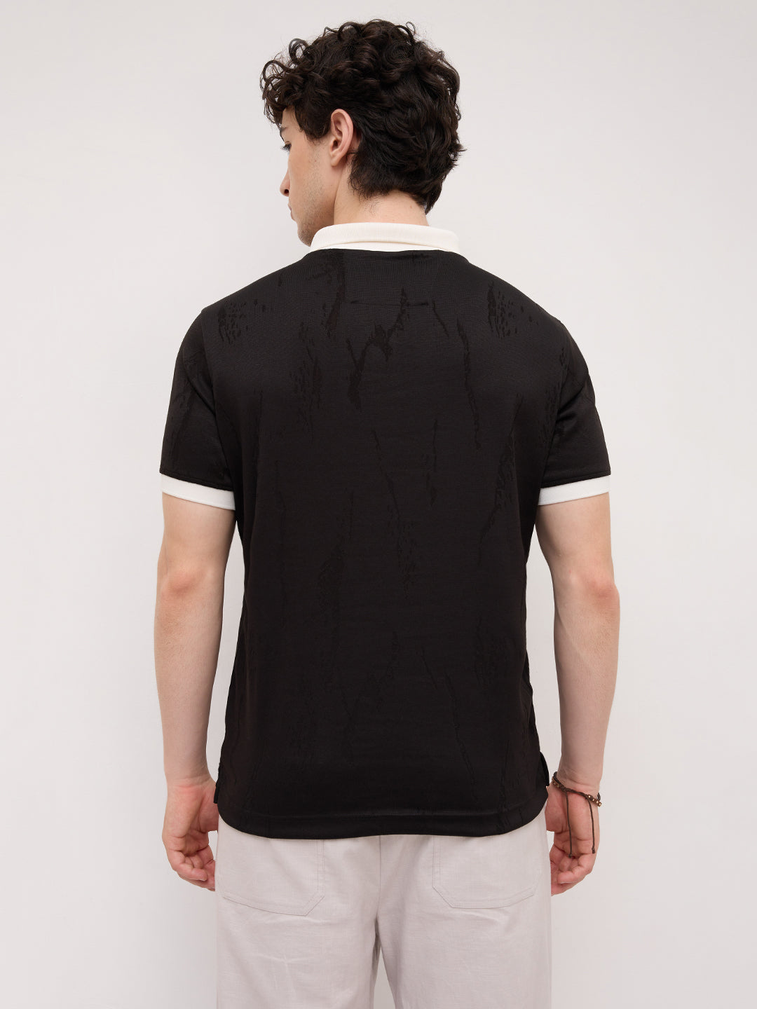 Intricate Black Textured Contrast Polo Knit T-Shirt