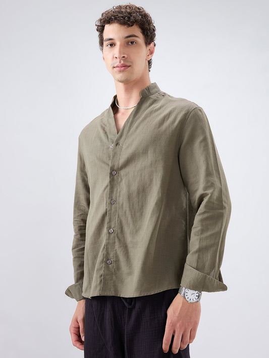 Solid Olive Stand Collar Linen Blend Oversized Shirt