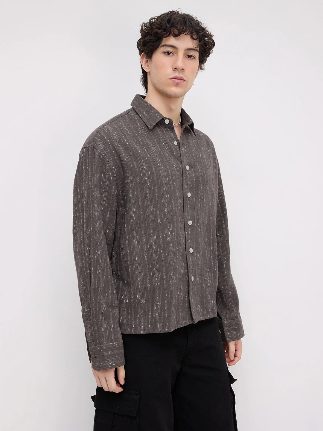 Deep Grey Artisan Loomscape Boxy Fit Crop Shirt