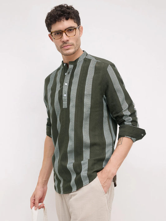 Evergreen Artisan Contrast Loom Striped Kurta