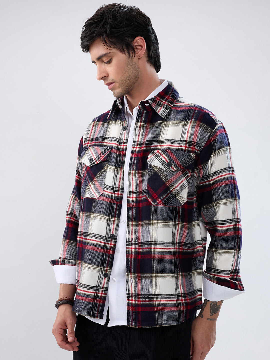 Elevated Crimson Black Winter Checks Double Pocket Flannel Shirt