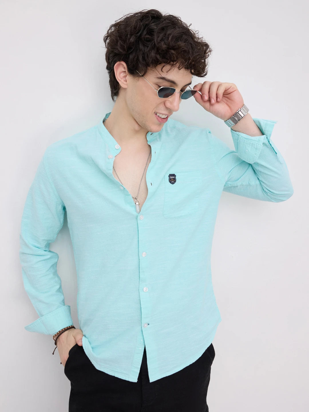Spring Blue Textured Mandarin Collar Shirt