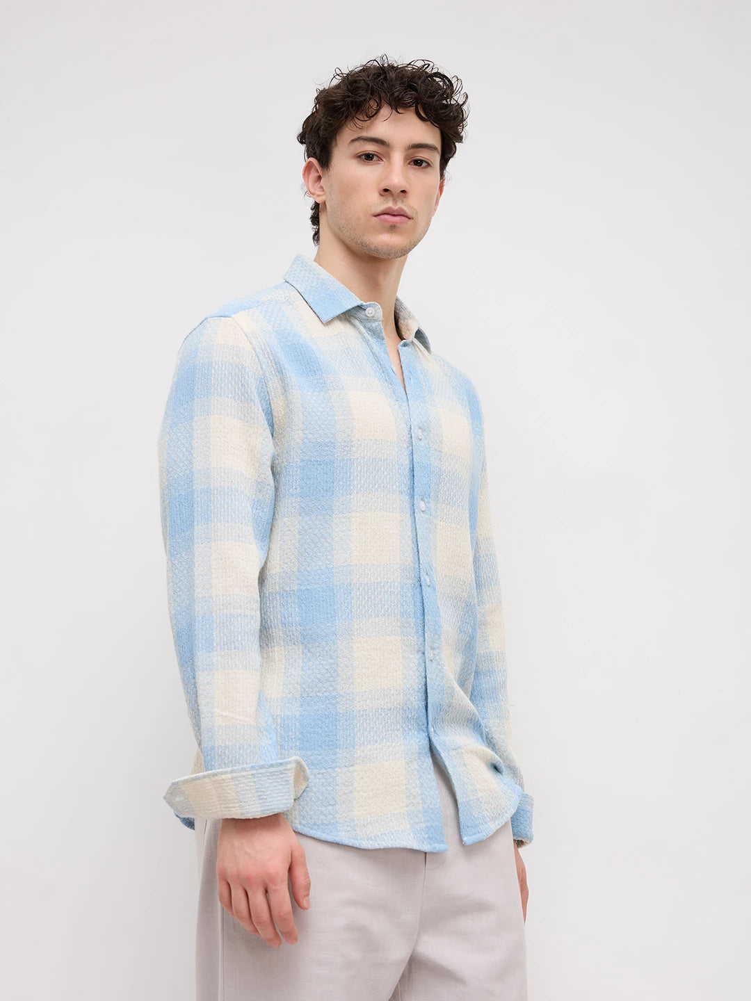 Blue Interlock Weave Plaid Checks Shirt