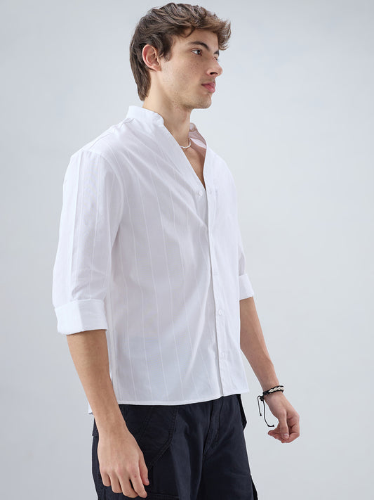 Snow White Panel Textured Stand Collar Oversized Shirt