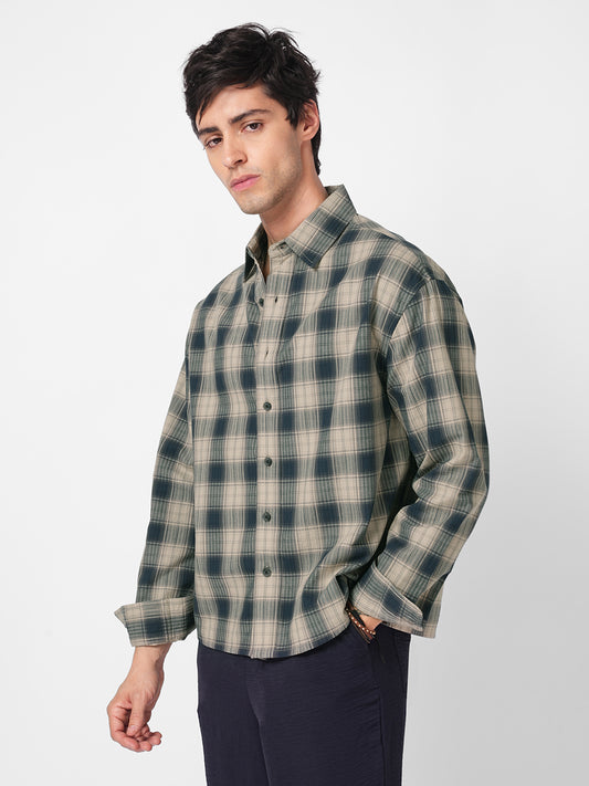 Midnight Navy & Sand Mist Textured Checks Boxy Fit Crop Shirt